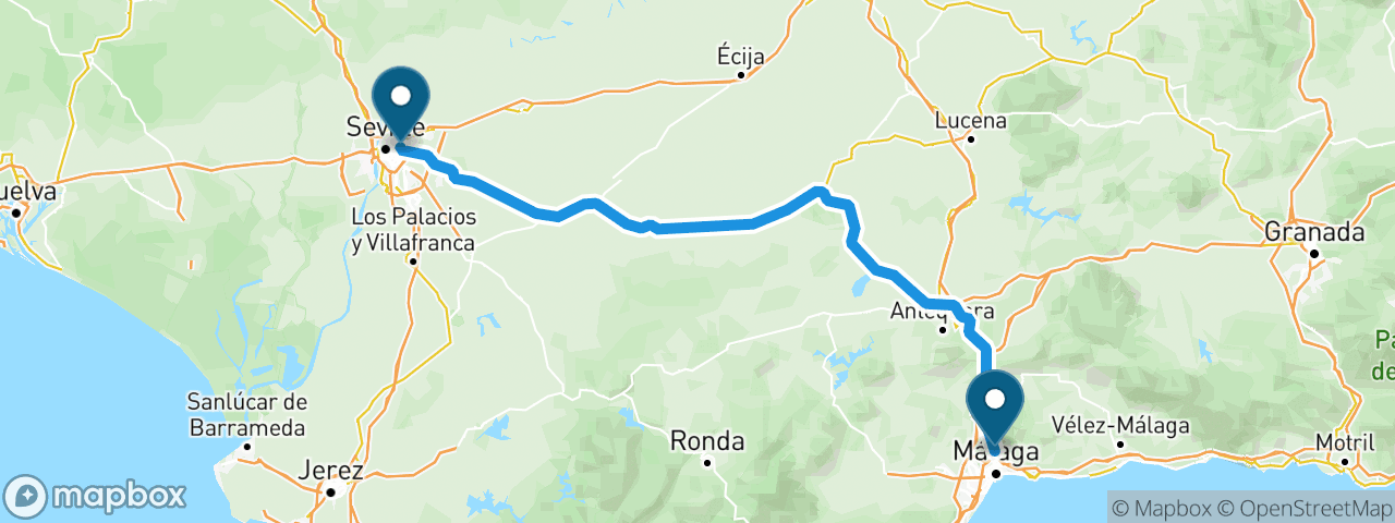 Driving route from Malaga to Seville