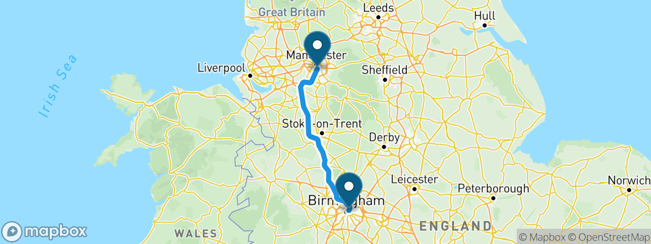Driving route from Birmingham to Manchester