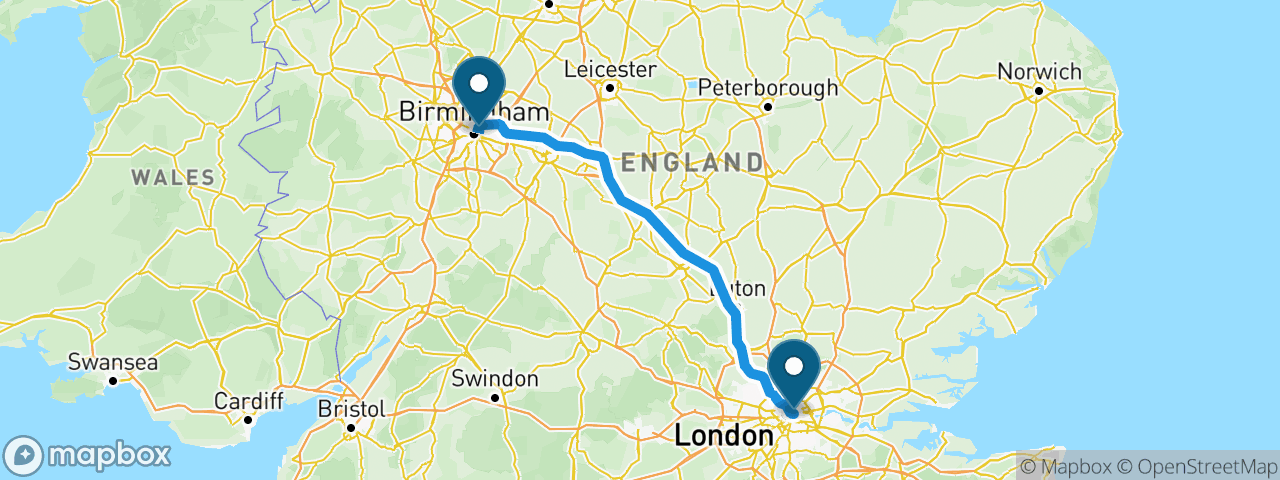 Driving route from London to Birmingham