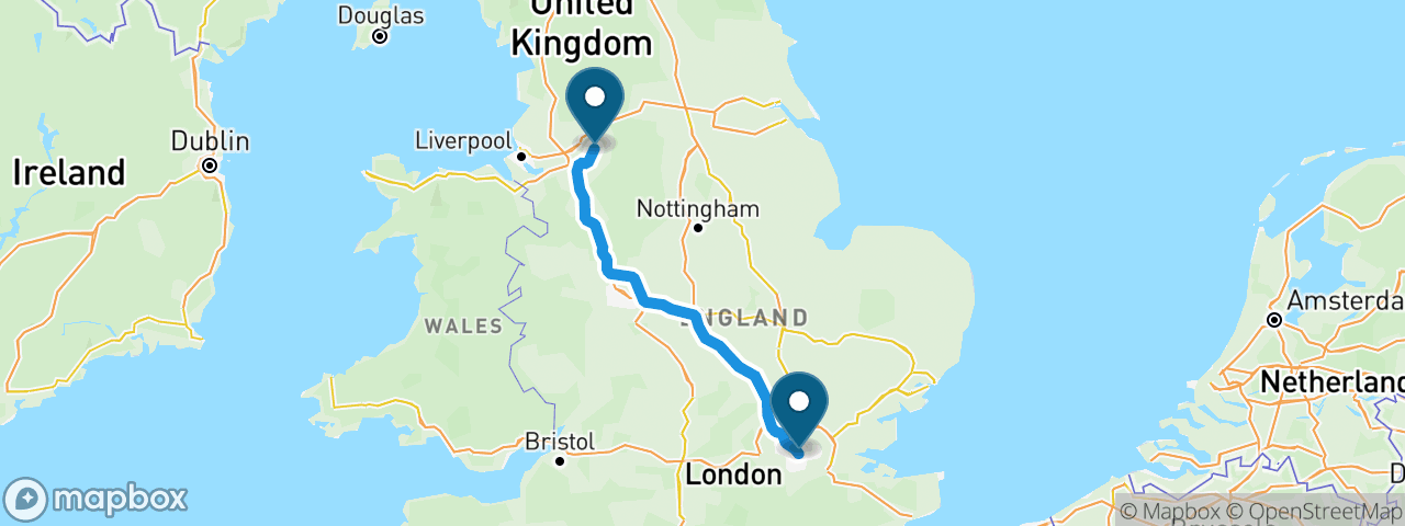 Driving route from London to Manchester