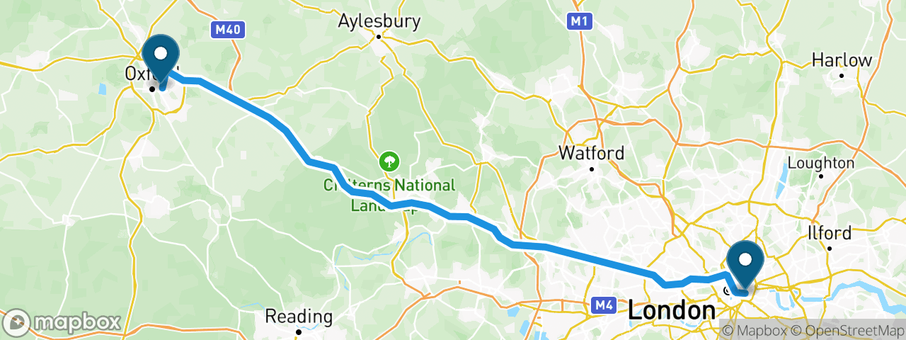 Driving route from London to Oxford