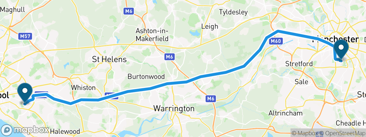Driving route from Manchester to Liverpool