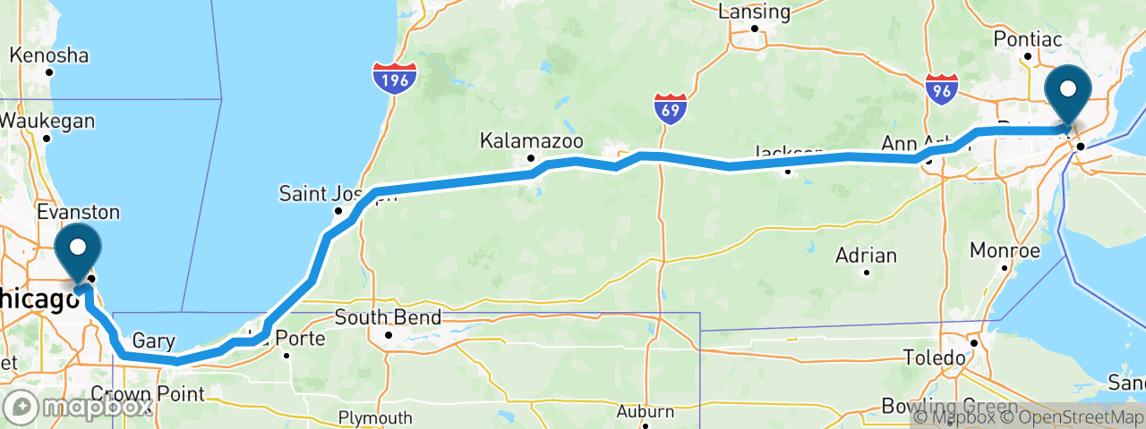 Driving route from Chicago to Detroit