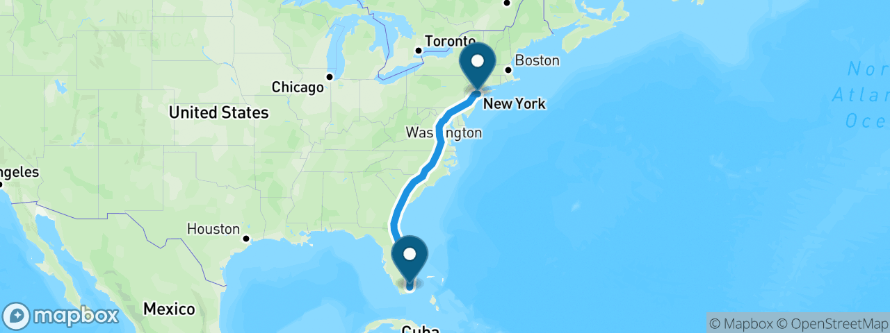 Driving route from New York to Miami