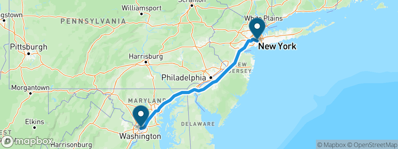 Driving route from New York to Washington, D.C.